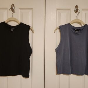 Two Athleta Black and Blue Cropped Tanks, Sz Medium
